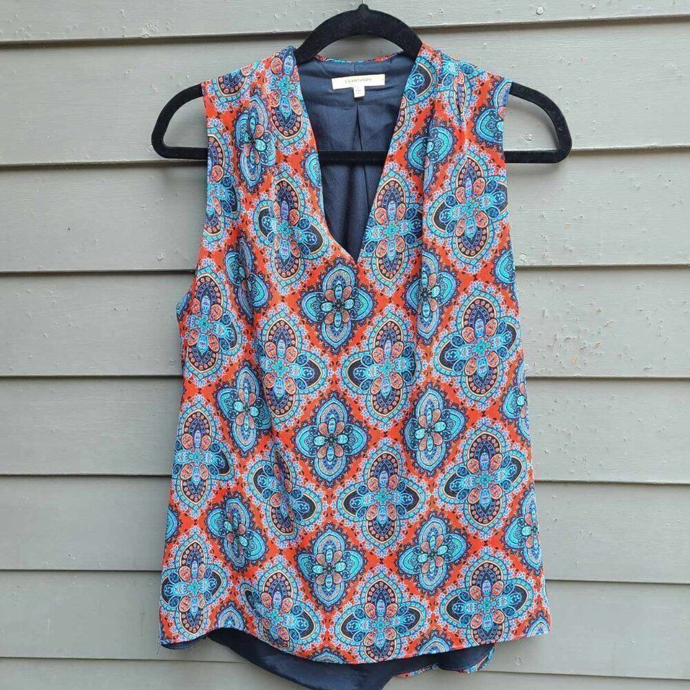 41 Hawthorn Sleeveless V-Neck Printed Top in Orange and Blue